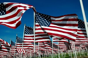 Various US flags in honor of a memorial
