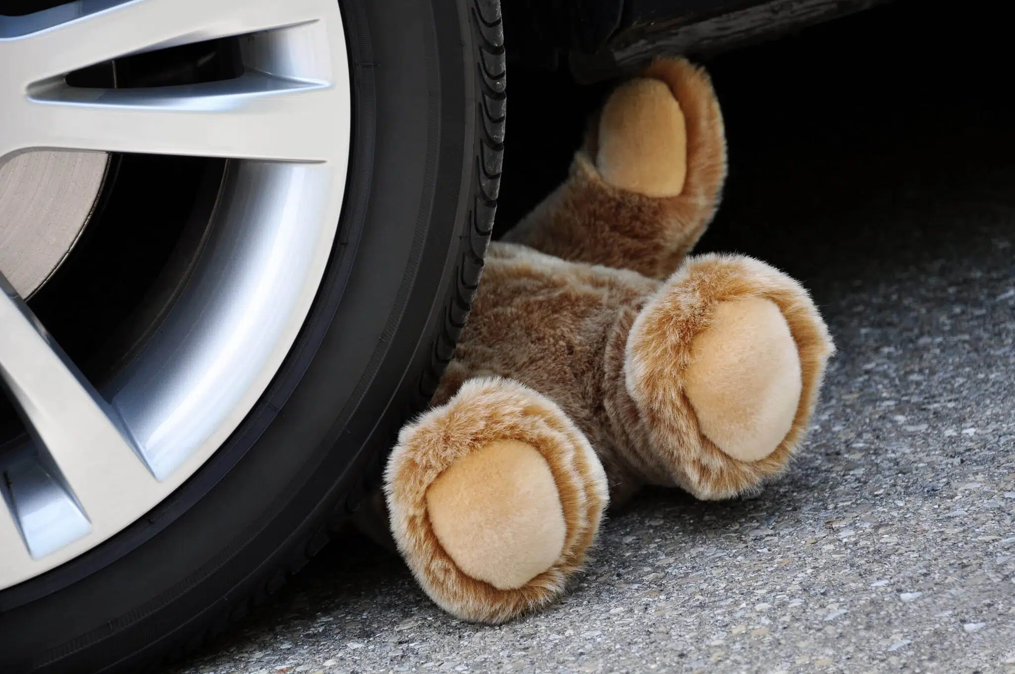 Teddy bear under the wheel of a car