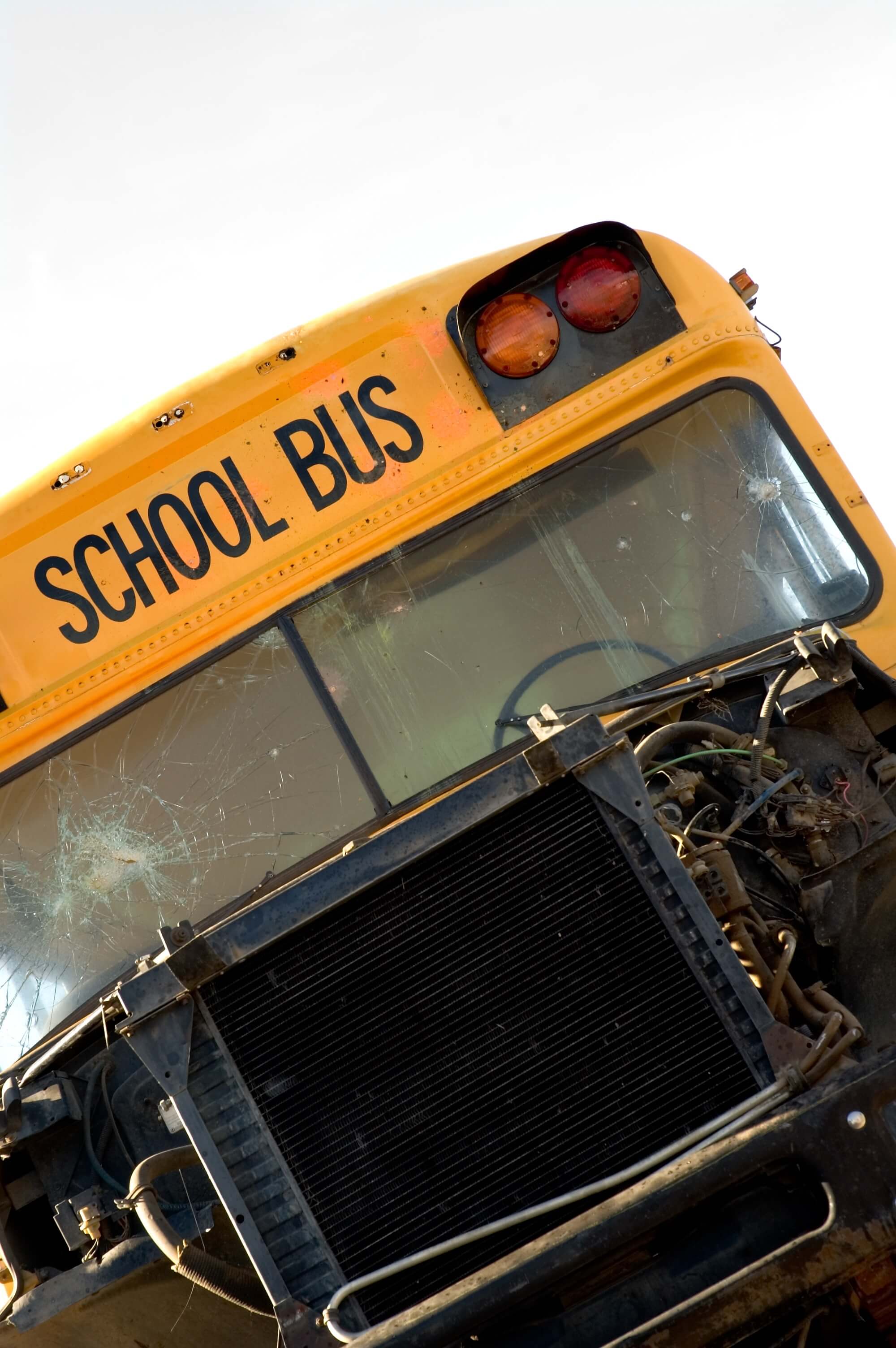 front section of a school bus with heat exchanger exposed