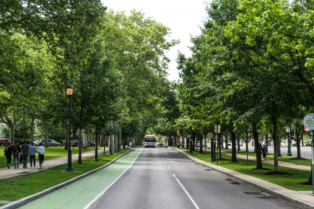 Bus drives up a tree-lined road in Philadelphia