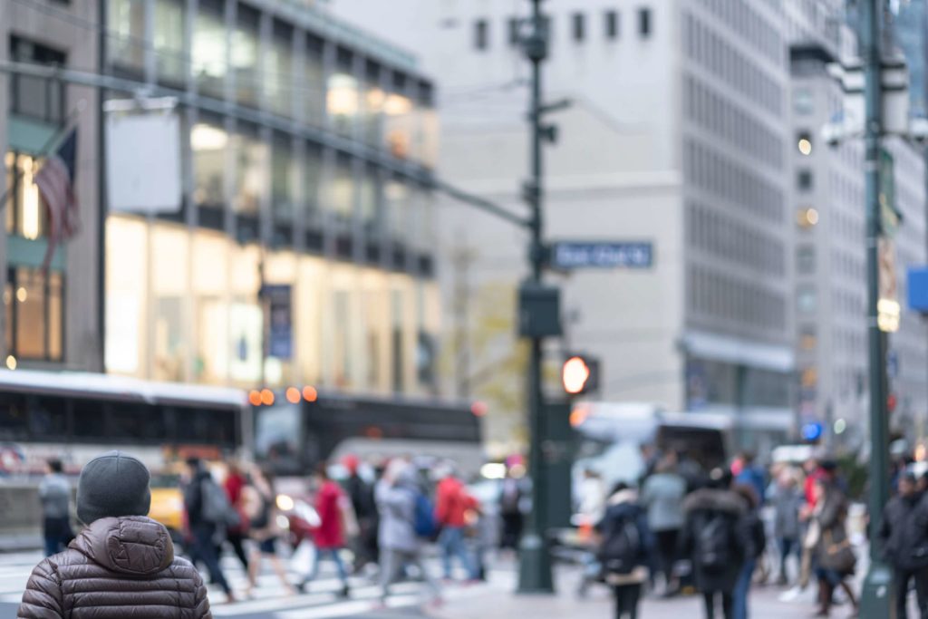 Busy street with pedestrians in Manhattan