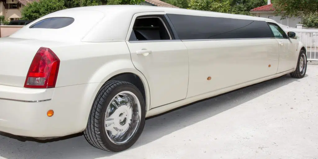 long white limousine pulling up to a gate