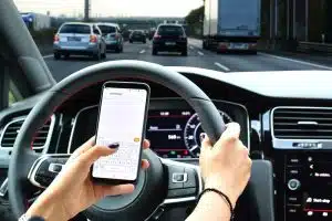 Driver texting on a smartphone while driving on a busy highway, causing distraction.