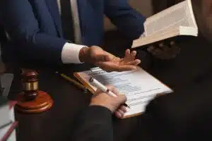 A lawyer discussing the case with a client.