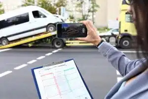 Woman taking a photo of a van being towed, holding an accident report clipboard.