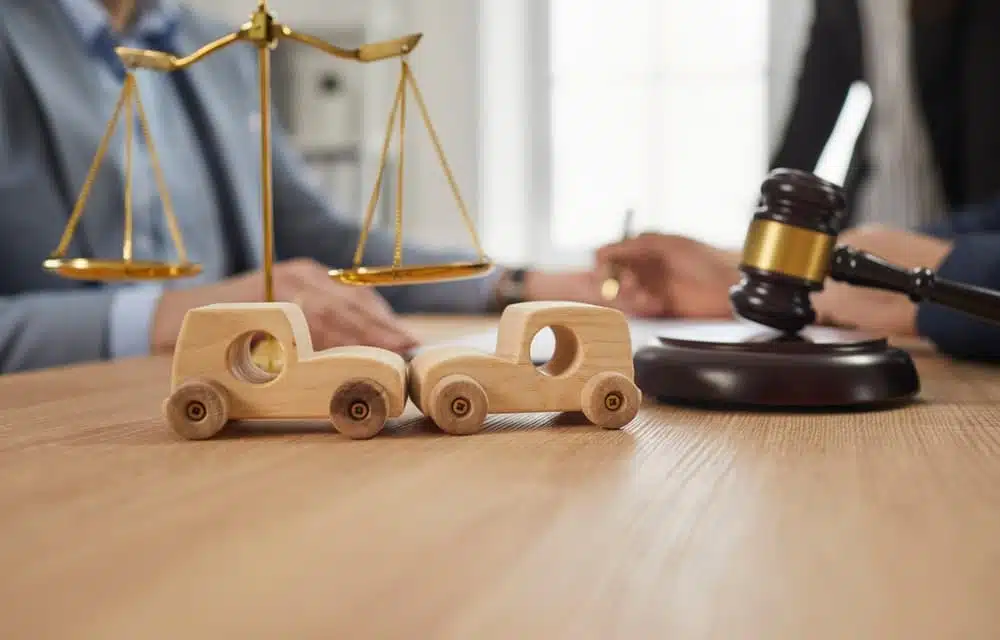 Closeup of two small wooden toy cars in a collision on a desk, with a judge's gavel, scales of justice, and people consulting an accident lawyer in the background.
