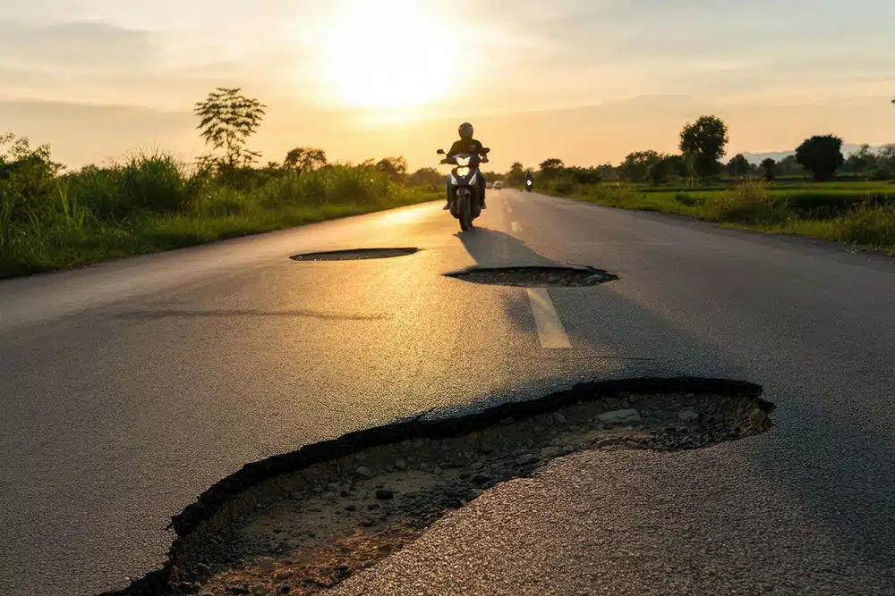 Motorcycle parked on a road with visible potholes, representing how crumbling pavement and surface defects endanger riders on the Brooklyn-Queens Expressway.