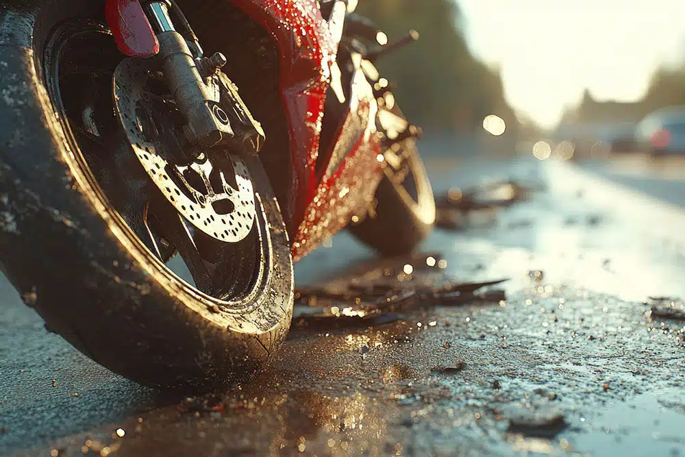 Red motorcycle lying on the ground surrounded by debris on a wet road, symbolizing serious crashes caused by common motorcycle hazards on the Brooklyn-Queens Expressway.