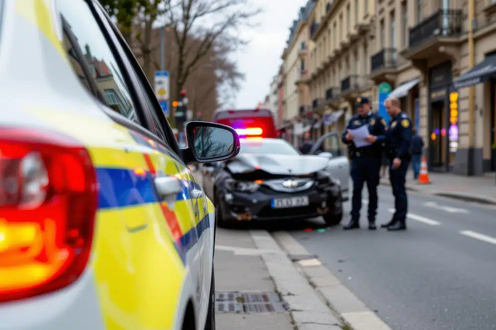Police patrol car and officers at a crash scene, representing investigation and documentation needed for a Pennsylvania car accident lawsuit before the deadline.