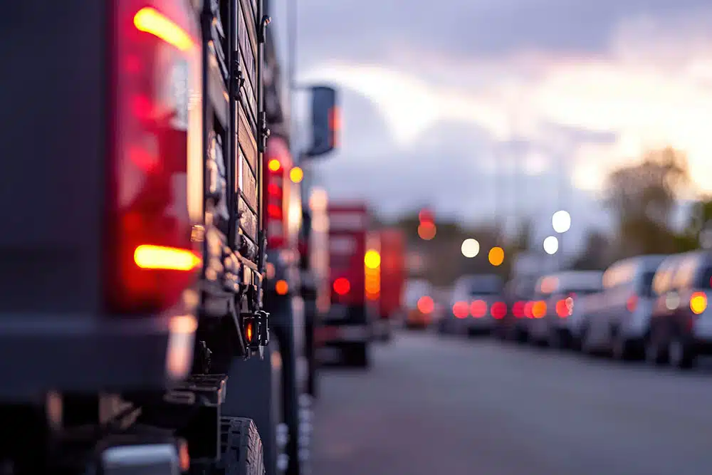 Box trucks parked along an urban street at twilight, illustrating heavy truck traffic and crash risk around JFK Airport in New York.