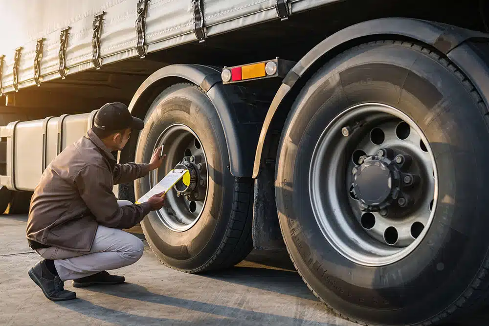 Commercial truck driver inspecting tires and wheels for safety, representing truck maintenance issues that can lead to crashes near JFK Airport.