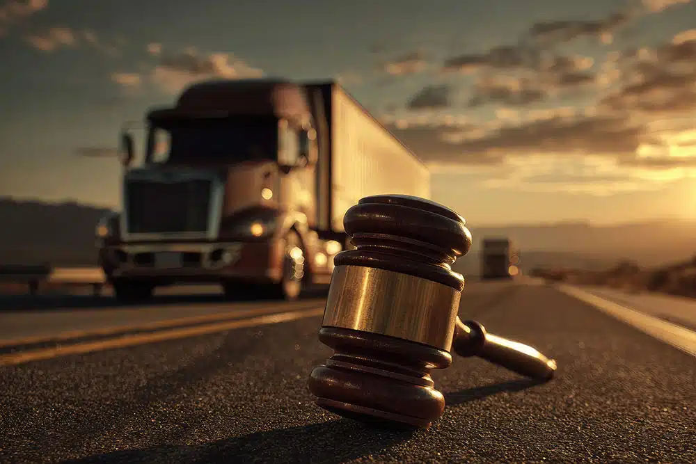 Judge’s gavel with a truck in the background at sunset, symbolizing legal claims and liability after truck crashes linked to JFK Airport traffic.