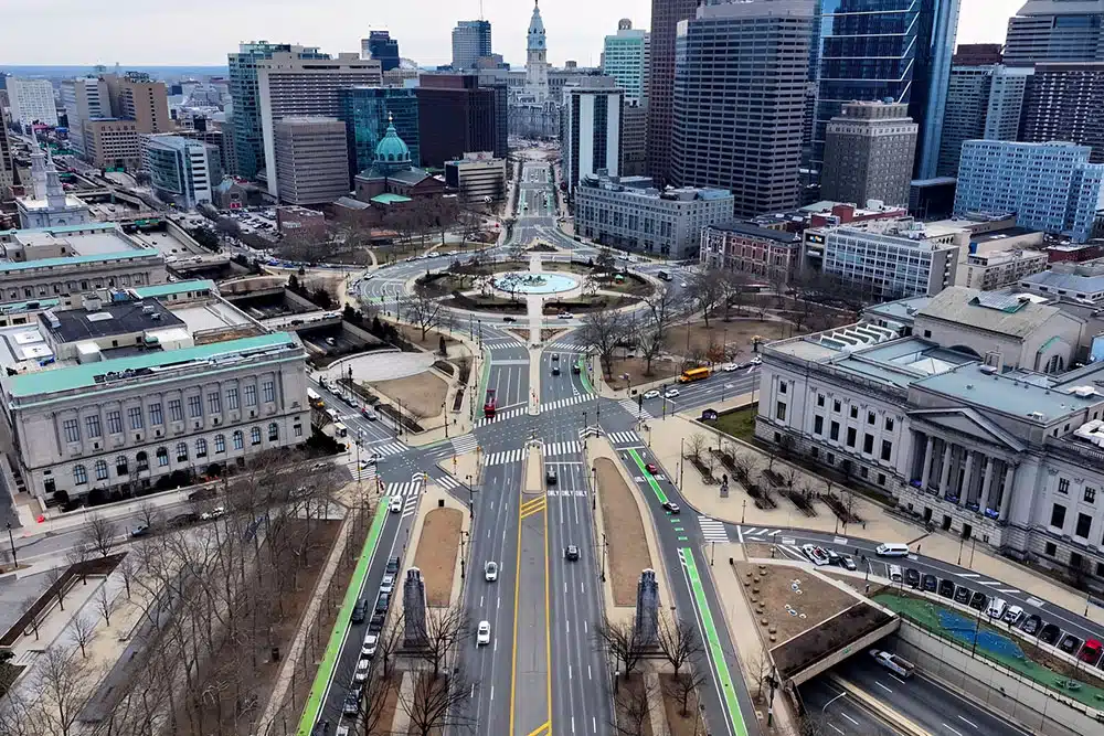 Philadelphia City Hall with busy streets in the foreground, representing dangerous intersections and crash risk in Philadelphia in 2025.