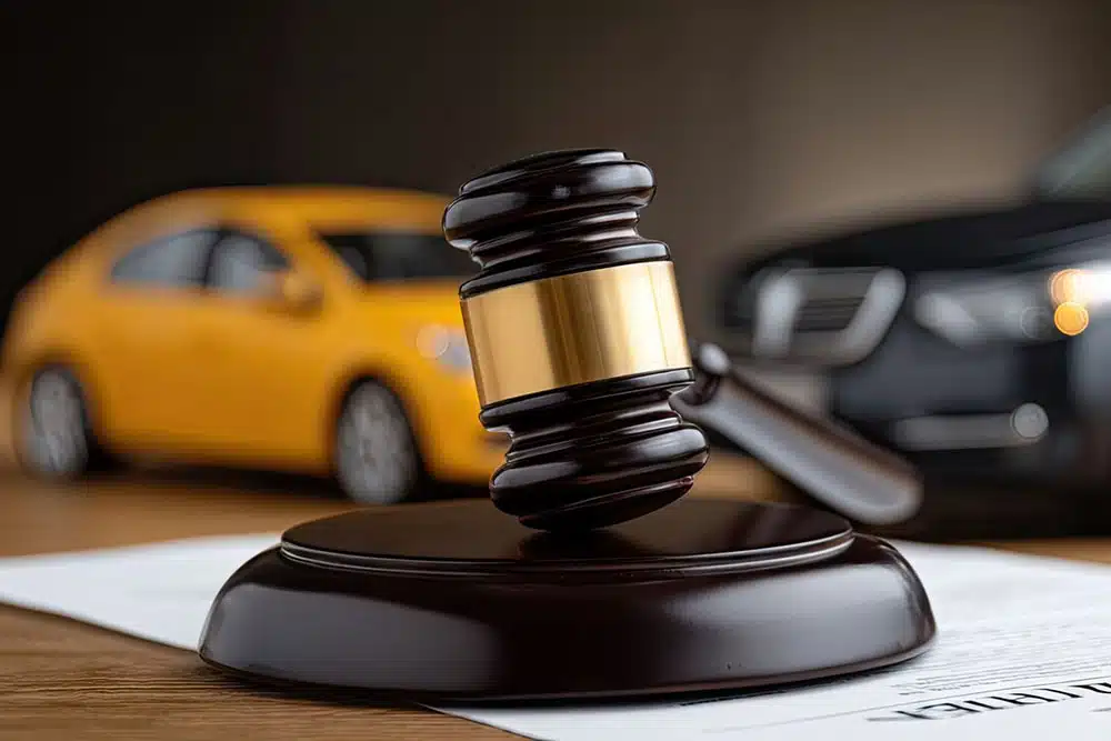 Person reviewing car insurance documents with a toy car on the table, symbolizing a Philadelphia car accident lawyer handling insurance claims and negotiations after a crash.