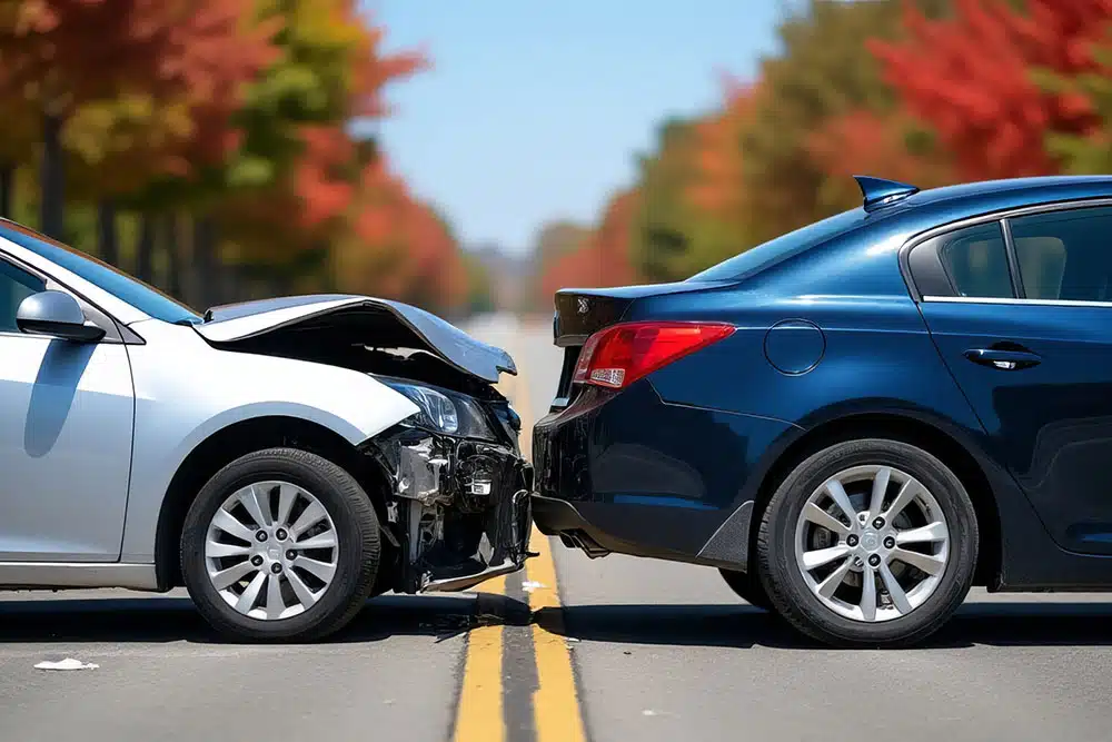 Two cars with visible front and rear damage after a collision, illustrating fault and liability in a rear-end car accident.