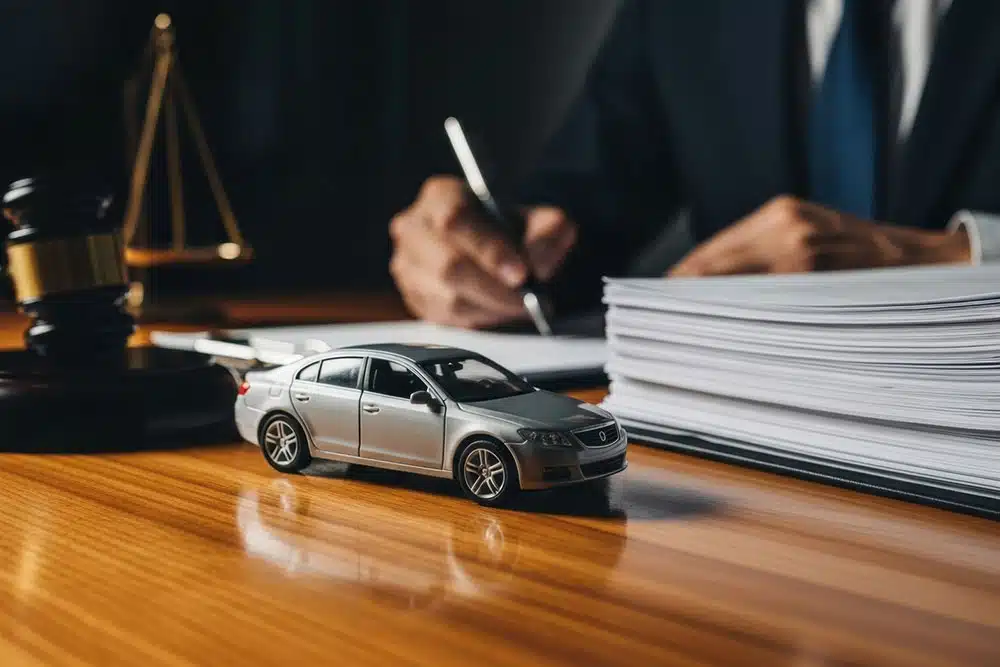 Lawyer writing at a desk with a toy car, gavel, and scales of justice, representing legal analysis of fault in a rear-end accident claim.