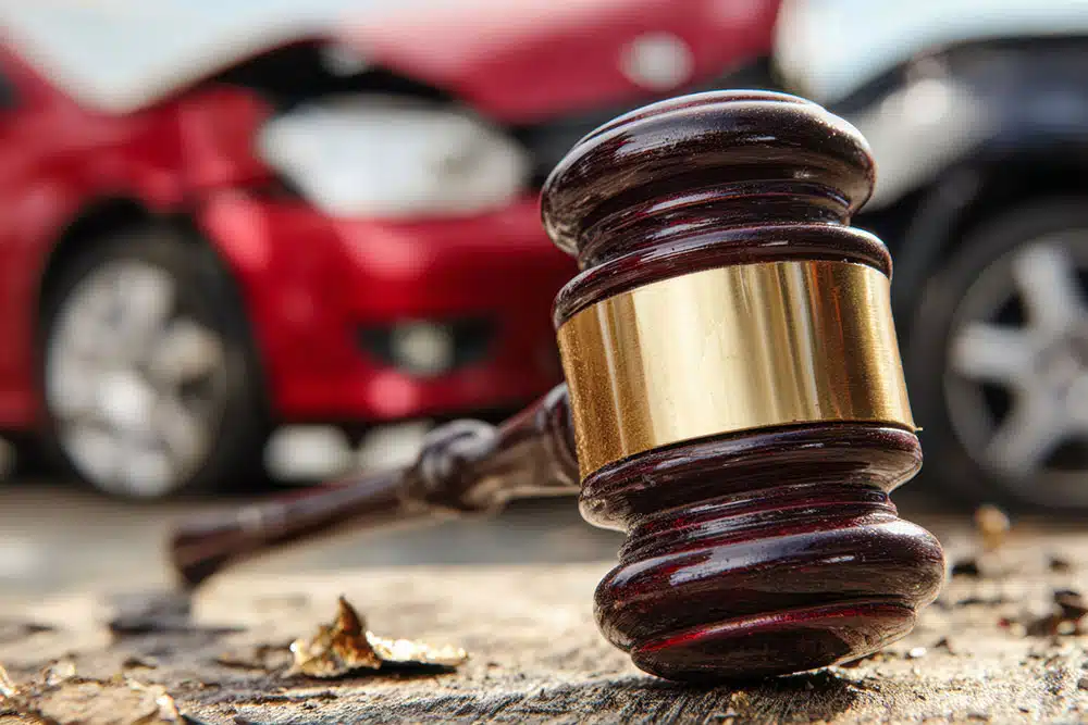 Judge’s gavel on the ground with crashed cars in the background, symbolizing car accident lawsuits and legal action to secure compensation.