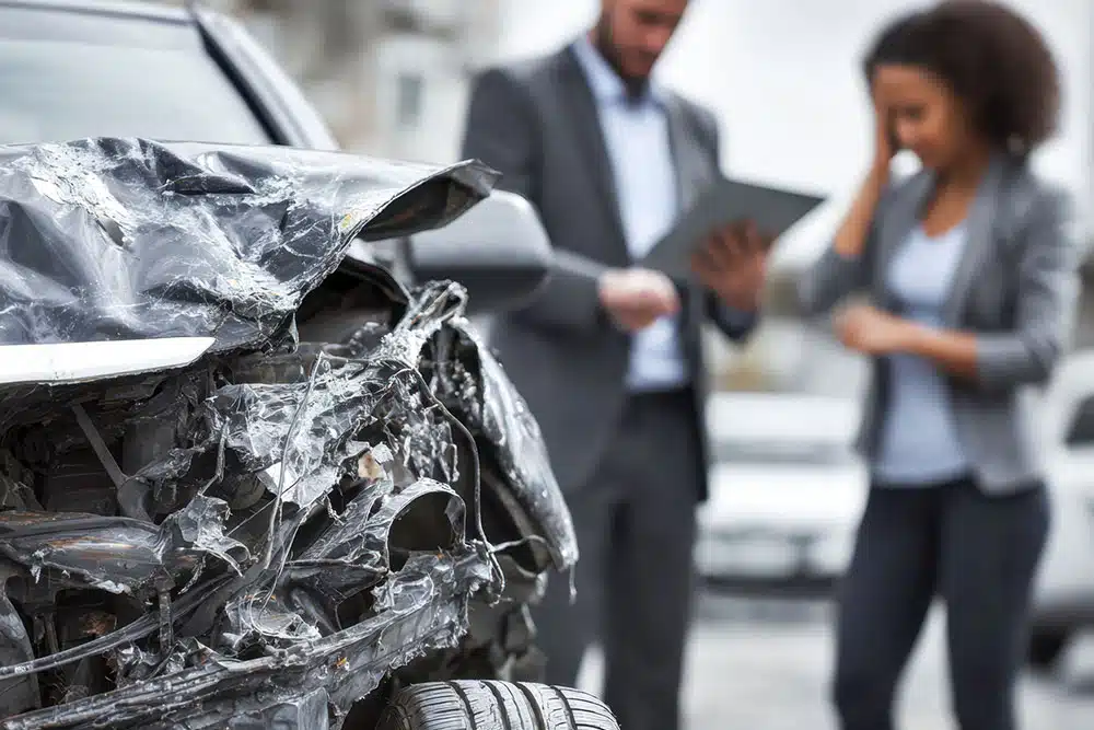 Damaged front end of a car with people discussing the collision on a city street, representing the investigations car accident lawyers use to prove liability.