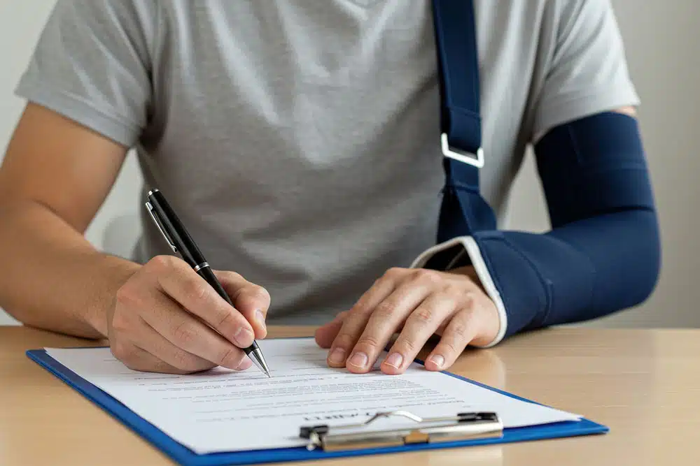 Injured man with his arm in a sling signing paperwork, illustrating how personal injury victims must be careful what they agree to with the insurance company after a car accident.